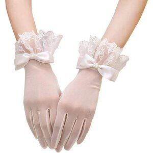 Women's Formal Floral Short Length Lace Wrist Bow Gloves Cream Wedding Costume